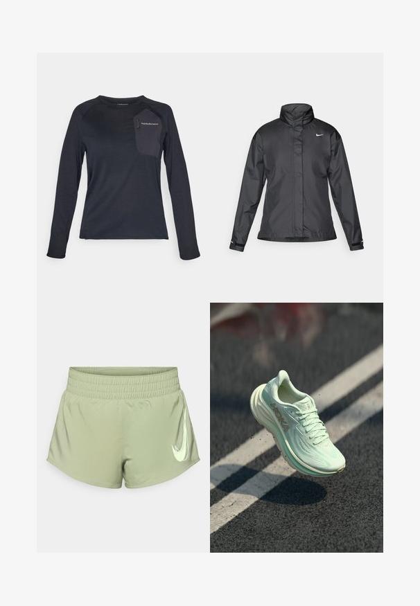 Crna vremenska jakna s visokim ovratnikom, punim zatvaračem sprijeda i Nike logom na grudima; izrađena od glatkog, laganog materijala.; Dug dug čarapa tamno mornarska tehnička majica s dugim rukavima, s teksturiranim tijelom, kontrastnom tkaninom na džepu i Peak Performance logotipom na grudima.; Svijetlozeleni atletski šortsevi s elastičnom waistskom, koji sadrže istaknuti bijeli Nike swoosh logo na donjoj desnoj strani.; HOKA trkačke tenisice u svijetlo mint zelenoj boji, s teksturiranim mrežastim gornjim dijelom, zaobljenim vrhom, podstavljenom gumom i istaknutim logotipom sa strane.