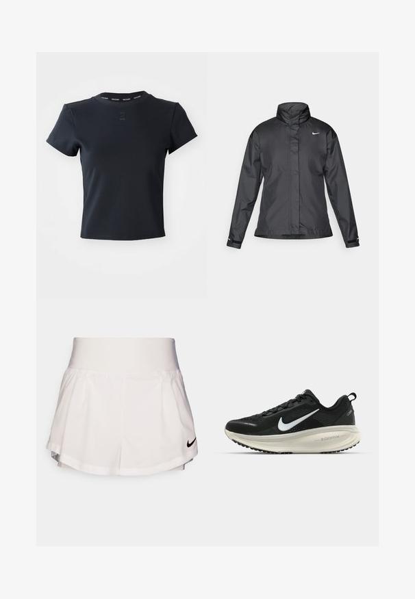Musta tuulitakki, jossa on korkea kaulus, vetoketjullinen etuosa ja Nike-logo rinnassa; valmistettu sileästä ja kevyestä kankaasta.; Mustat lyhyet hihat T-paita, joka on valmistettu sileästä ja joustavasta materiaalista. Ominaisuuksia ovat pyöreä kaula-aukko ja kauluksessa "NIKECOURT" -brändäys.; Nike Performance SHORT - Urheilushortsit - white/black; Mustat Nike-juoksukengät, joissa on hengittävä verkko-osa, valkoinen swoosh-logo, teksturoitu yksityiskohtaus ja kermaisen värinen ZoomX-välipohja.