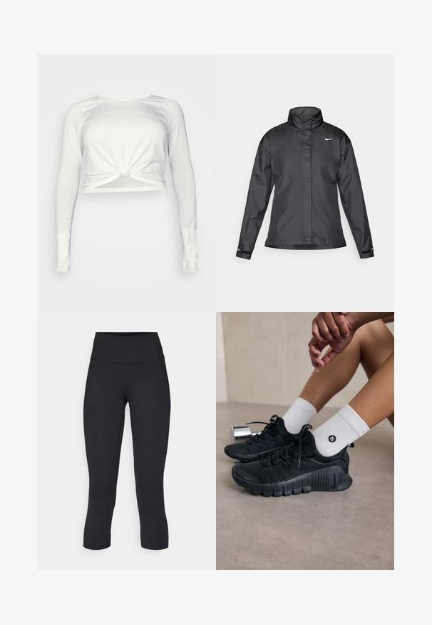 Melnā vēja izturīgā jaka ar augstu apkakli, pilnu rāvējslēdzēju priekšpusē un Nike logo uz krūšu; izgatavota no gludas, vieglas auduma.; lululemon SWIFTLY TECH LONG SLEEVE - Tops ar garām piedurknēm - white/white; Melnas apgrieztas legingi, izgatavoti no elastīga auduma, ar augstu jostasvietu un gludu tekstūru, bez redzamām rakstu vai aksesuāriem.; Melnas sporta kurpes ar teksturētu audumu, saistītu dizainu un izteiktu zoli, savienotas ar baltām ribotām zeķēm ar mazu logo.