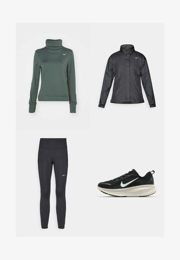Giacca a vento nera con colletto alto, chiusura full zip e logo Nike sul petto; realizzata in tessuto leggero e liscio.; Nike Performance THERMA-FIT SWIFT - Maglietta a manica lunga - vintage green/silver; Leggings neri realizzati in tessuto elasticizzato, con una vita alta e un logo Nike bianco sulla coscia sinistra. Tessuto liscio, design aderente.; Scarpa da corsa nera Nike con tomaia in rete traspirante, logo Swoosh bianco, dettagli testurizzati e intersuola ZoomX di colore crema.