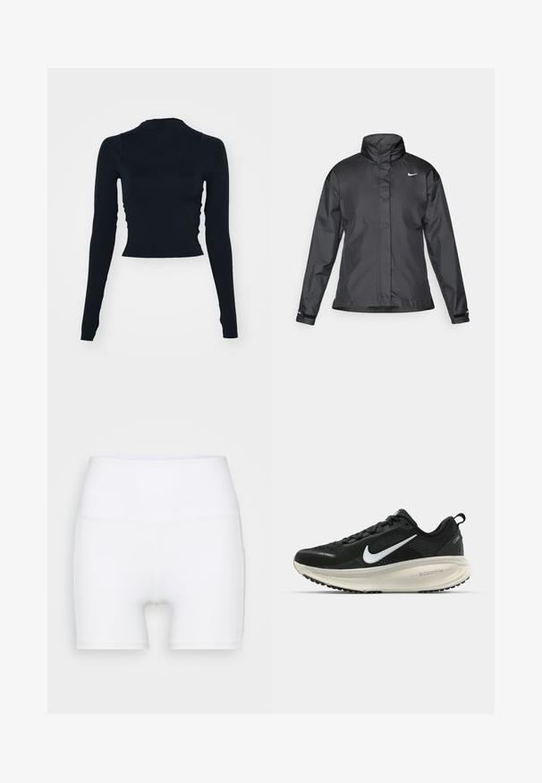 Melnā vēja izturīgā jaka ar augstu apkakli, pilnu rāvējslēdzēju priekšpusē un Nike logo uz krūšu; izgatavota no gludas, vieglas auduma.; Melna, garām piedurknēm īsā blūze ar augstu apkakli. Izgatavota no gludas, pieguļoša materiāla bez redzamām rakstu vai akcentu detaļām.; Baltā krāsā augsto jostasvietu šorti, izgatavoti no elastīga auduma. Raksturīga gluda virsma un pieguļoša piegriezuma forma, bez papildu rakstiem vai detaļām.; Melnas Nike skriešanas kurpes ar elpojošu acs augšdaļu, baltu Swoosh logotipu, strukturētu apdari un krēmkrāsas ZoomX starpsole.