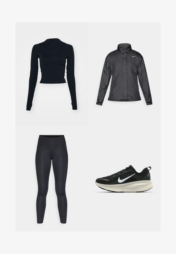 Sort vindjakke med høj krave, fuld lynlås foran og Nike-logo på brystet; lavet af glat, let vævning.; Sort, langærmet cropped top med høj krave. Fremstillet af glat, tætsiddende materiale uden synlige mønstre eller accenter.; Sorte leggings lavet af glat, strækbart stof. Høj talje uden synlige mønstre eller accenter. Sidder tæt fra talje til ankler.; Sort Nike løbesko med åndbart mesh-overdel, hvidt swoosh-logo, tekstureret detaljering og en cremede ZoomX mellemsål.