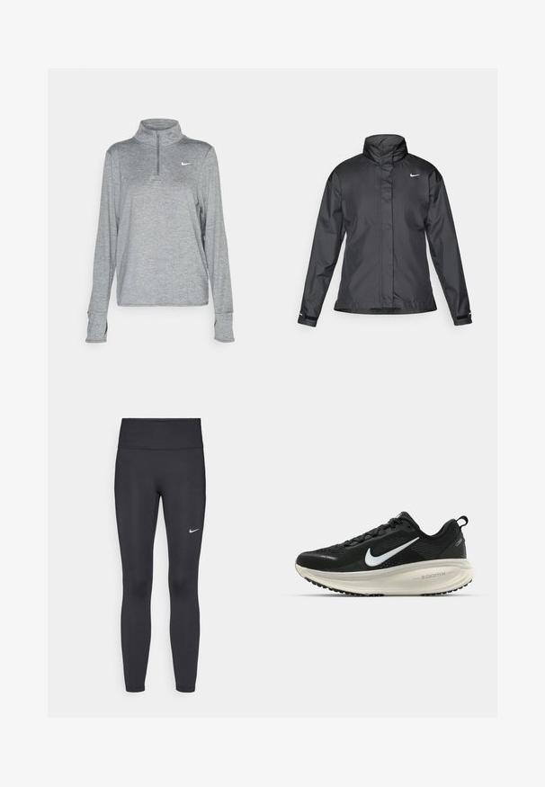 Fekete szélálló dzseki magas gallérral, teljes cipzárral elöl és Nike logóval a mellkason; sima, könnyű anyagból készült.; Nike Performance SWIFT - Hosszú ujjú felső - smoke grey; Fekete leggings elasztikus anyagból, magas derékkal és fehér Nike logóval a bal combon. Simább textúra, testhez álló kialakítás.; Fekete Nike futócipő légáteresztő hálós felsőrésszel, fehér Swoosh logóval, textúrázott részletekkel és krém színű ZoomX középtalppal.