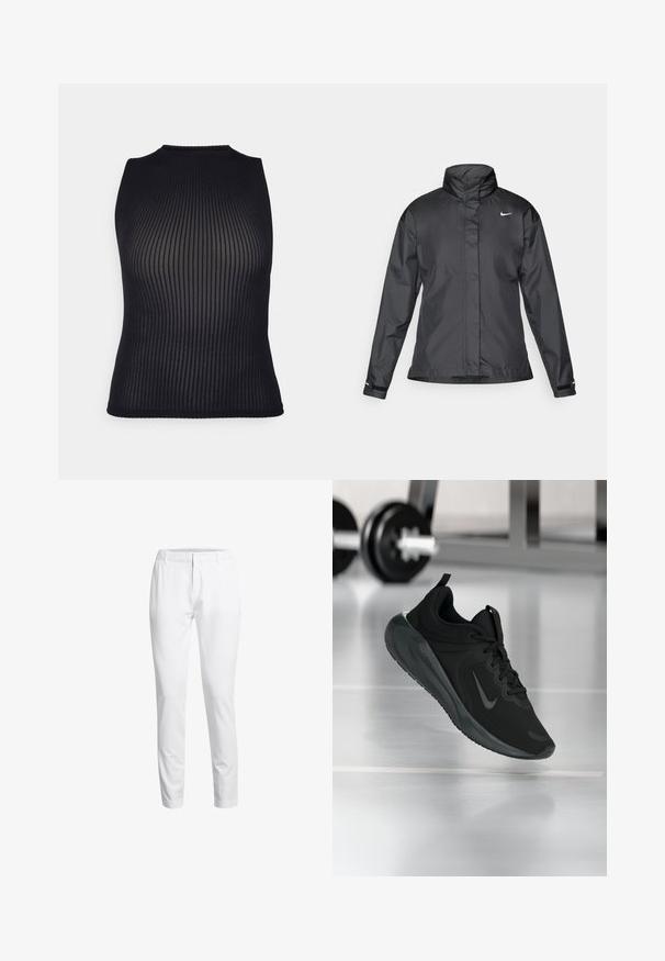Black windbreaker jacket featuring a high collar, full zip front, and Nike logo on the chest; made of smooth, lightweight fabric.; Black ribbed knit sleeveless top with a high neckline and textured detailing, featuring a fitted shape that contours to the body.; White tapered trousers made from a smooth fabric. Features a flat front, belt loops, and a clean waistband design. No pockets visible.; Black sports sneaker with Nike logo, shown mid-air on gym floor, with blurred dumbbell rack in background.