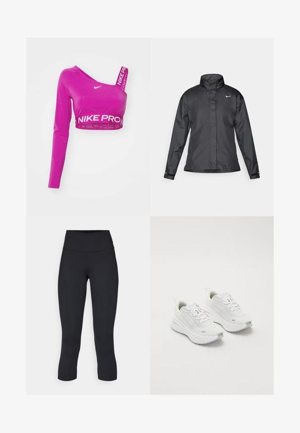 Μαύρο αδιάβροχο μπουφάν με ψηλό γιακά, πλήρη φερμουάρ μπροστά και λογότυπο Nike στο στήθος; κατασκευασμένο από λείο, ελαφρύ ύφασμα.; Nike Performance SHINE CROP  - Μπλούζα με μακριά μανίκια - hot fuchsia/silver; Μαύρο κοντό κολάν φτιαγμένο από ελαστικό ύφασμα, με ψηλή μέση και λεία υφή, χωρίς ορατά σχέδια ή αξεσουάρ.; Λευκά αθλητικά παπούτσια με υφασμάτινο επάνω μέρος από δικτυωτό υλικό, μαλακή σόλα και διακριτικές γκρι λεπτομέρειες. Περιλαμβάνει λογότυπο και βρόχο στη φτέρνα για εύκολη εφαρμογή.