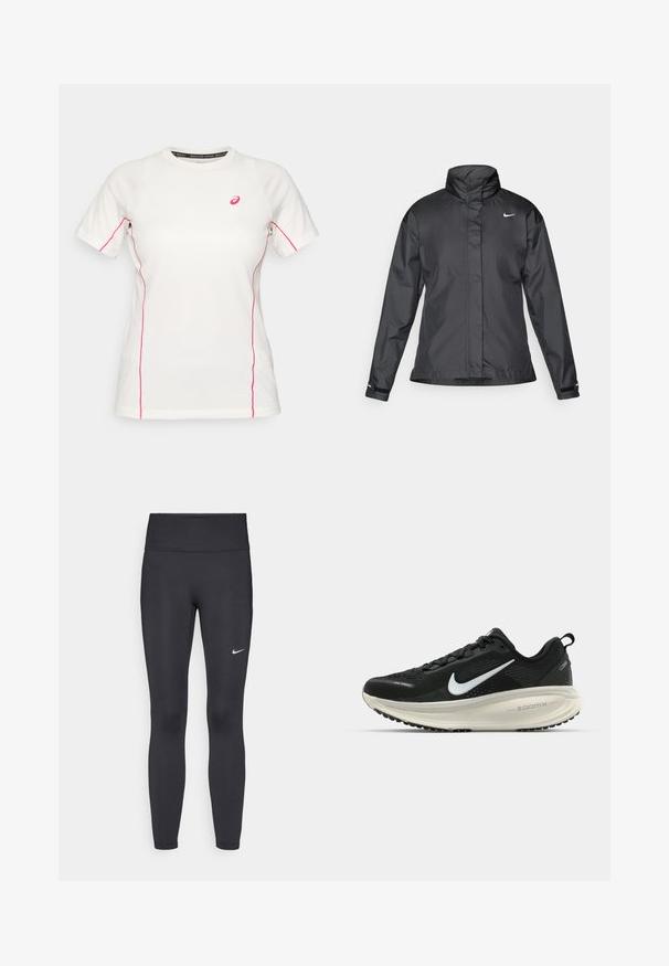 Casaco corta-vento preto com colarinho alto, fecho éclair frontal e logótipo da Nike no peito; feito de um tecido suave e leve.; Camisa atlética de manga curta branca com costura rosa ao longo das laterais e mangas, apresentando um pequeno logótipo rosa da Asics no peito.; Leggings pretos feitos de tecido elástico, com uma cintura alta e um logo branco da Nike na coxa esquerda. Textura suave, design ajustado ao corpo.; Sapatilha de corrida Nike preta com parte superior de malha respirável, logotipo Swoosh branco, detalhes texturizados e uma entressola ZoomX na cor creme.