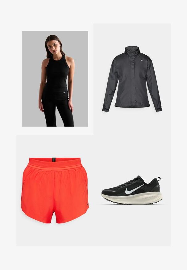 Svarte vindjakke med høy krage, full glidelås foran og Nike-logo på brystet; laget av glatt, lett materiale.; Svart ribbestrikket tanktop med rund hals, tettsittende design og tynne stropper, kombinert med svarte høytlivsbukser med en liten logo detalj.; Røde treningsshorts laget av lett materiale med elastisk liv, med sidelommer og en liten svart logo på kanten.; Svart Nike løpesko med pustende mesh-overdel, hvit swoosh-logo, teksturert detaljer og en kremfarget ZoomX mellomsåle.