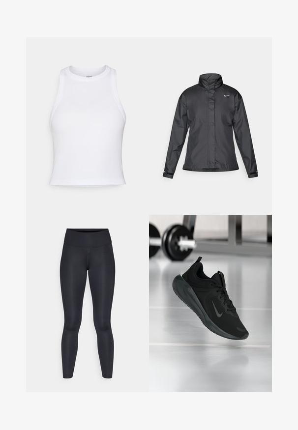 Musta tuulitakki, jossa on korkea kaulus, vetoketjullinen etuosa ja Nike-logo rinnassa; valmistettu sileästä ja kevyestä kankaasta.; Valkoinen hihaton crop-top, joka on valmistettu sileästä puuvillakankaasta. Siinä on pyöreä kaula-aukko ja tiukka malli, ilman näkyviä kuvioita tai koristeita.; Mustat legginsit, jotka on valmistettu sileästä ja joustavasta kankaasta. Korkea vyötärö ilman näkyviä kuvioita tai tehosteita. Istuu tiiviisti vyötäröstä nilkkoihin.; Musta urheilusneekeri, jossa on Nike-logo, esitetty ilmassa kuntosalilattialla, taustalla sumea käsipainohylly.