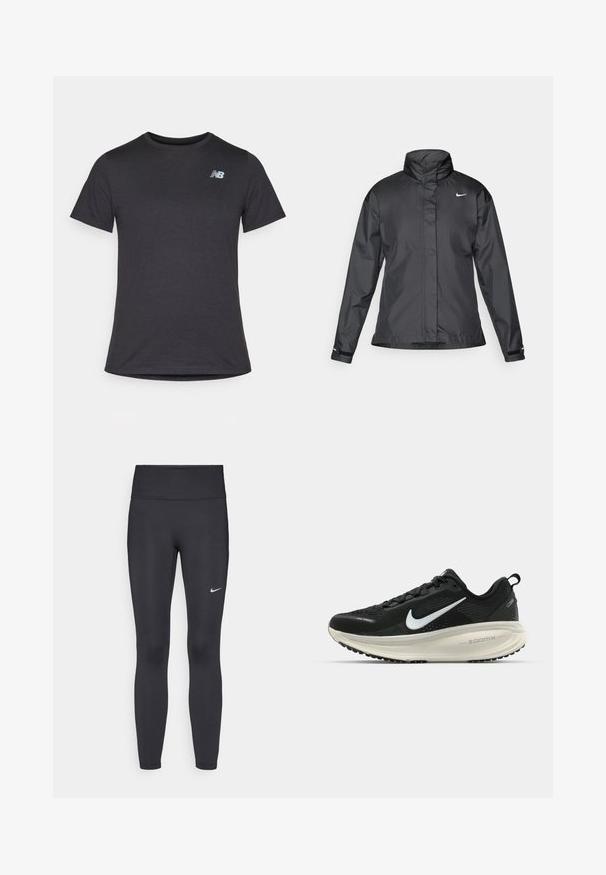 Casaco corta-vento preto com colarinho alto, fecho éclair frontal e logótipo da Nike no peito; feito de um tecido suave e leve.; T-shirt preta de manga curta feita de tecido suave, com um pequeno logótipo cinza da New Balance no canto superior esquerdo do peito, design clássico de decote redondo.; Leggings pretos feitos de tecido elástico, com uma cintura alta e um logo branco da Nike na coxa esquerda. Textura suave, design ajustado ao corpo.; Sapatilha de corrida Nike preta com parte superior de malha respirável, logotipo Swoosh branco, detalhes texturizados e uma entressola ZoomX na cor creme.