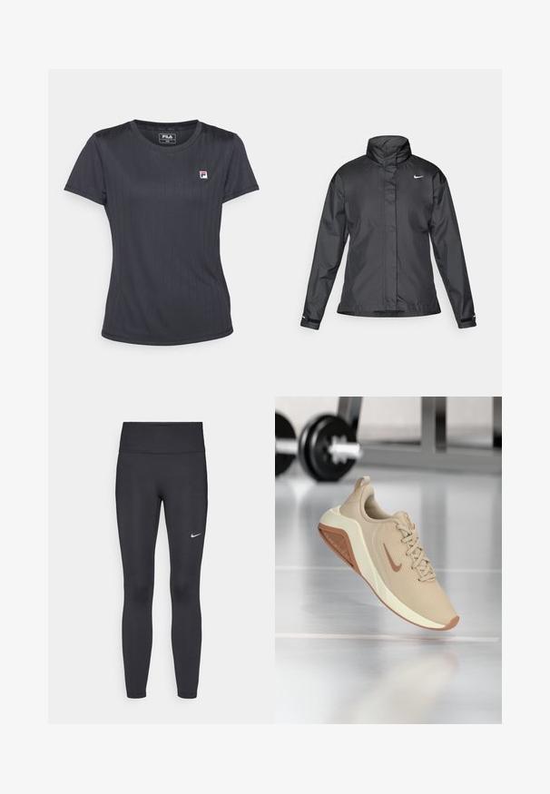 Musta tuulitakki, jossa on korkea kaulus, vetoketjullinen etuosa ja Nike-logo rinnassa; valmistettu sileästä ja kevyestä kankaasta.; Mustat lyhythihaiset t-paidat, jotka on valmistettu sileästä, joustavasta kankaasta. Paidassa on pystysuuntainen ribbikuvio ja pieni FILA-logo rinnassa.; Mustat leggingsit joustavasta kankaasta, joissa on korkea vyötärö ja valkoinen Nike-logo vasemmassa reidessä. Sileä pinta, muotoaan myötäilevä suunnittelu.; Beige urheilujalkine, jossa on verkkopintainen pehmeä päällinen, vaaleanvärinen välipohja ja kontrastinen ruskea ulkopohja, ja jossa on hienovarainen logo sivussa.