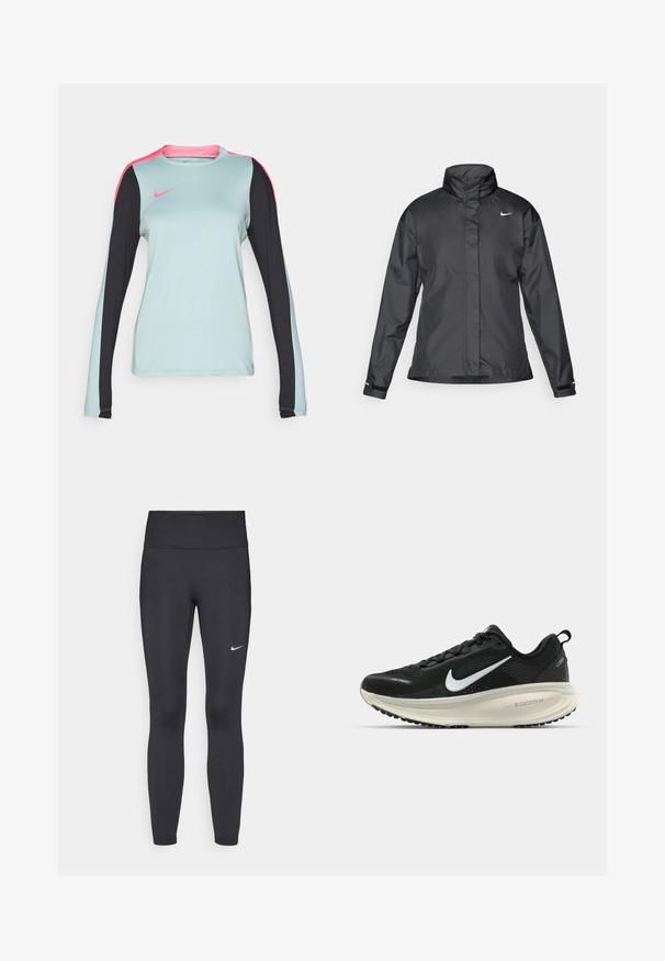 Must mustakate libi, millel on kõrge krae, täispikk tõmblukk ja Nike logo rinnal; valmistatud siledast, kergetest kangast.; Heled pikad käised spordisärk helesinisel taustal, mustade varrukatega ja roosa õlavarre aktsentidega. Sile tekstuur, ümmargune kaelus ja Nike logo.; Mustad mustadest leggingid, mis on valmistatud venivast kangast, kõrge vöökoha ja valge Nike logo abil vasakul reiel. Sile tekstuur, keha järgiv disain.; Musthave mustus Nike jooksujalats, millel on hingav võrgust ülemine osa, valge swoosh logo, tekstuuriga detailid ja kreemja värvusega ZoomX vahevöö.