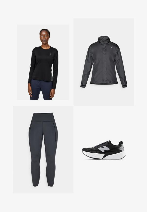 Black windbreaker jacket featuring a high collar, full zip front, and Nike logo on the chest; made of smooth, lightweight fabric.; Black long-sleeve athletic shirt with fabric labeled "DRYTEC™." Features a round neck, smooth texture, and logo on the left chest and sleeve.; High-waisted black leggings made of stretchy, smooth fabric. Features two side pockets and contrast stitching along the seams.; Black and white New Balance running shoe with thick sole, mesh upper, and "N" logo on the side, viewed from the outer side.