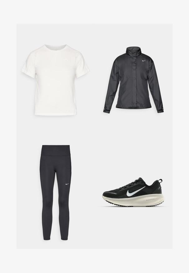 Fekete szélálló dzseki magas gallérral, teljes cipzárral elöl és Nike logóval a mellkason; sima, könnyű anyagból készült.; Könnyű fehér póló rövid ujjakkal, kerek nyakkal és egy apró logóval a bal felső sarkában. Simasága és enyhe fényessége van.; Fekete leggings elasztikus anyagból, magas derékkal és fehér Nike logóval a bal combon. Simább textúra, testhez álló kialakítás.; Fekete Nike futócipő légáteresztő hálós felsőrésszel, fehér Swoosh logóval, textúrázott részletekkel és krém színű ZoomX középtalppal.