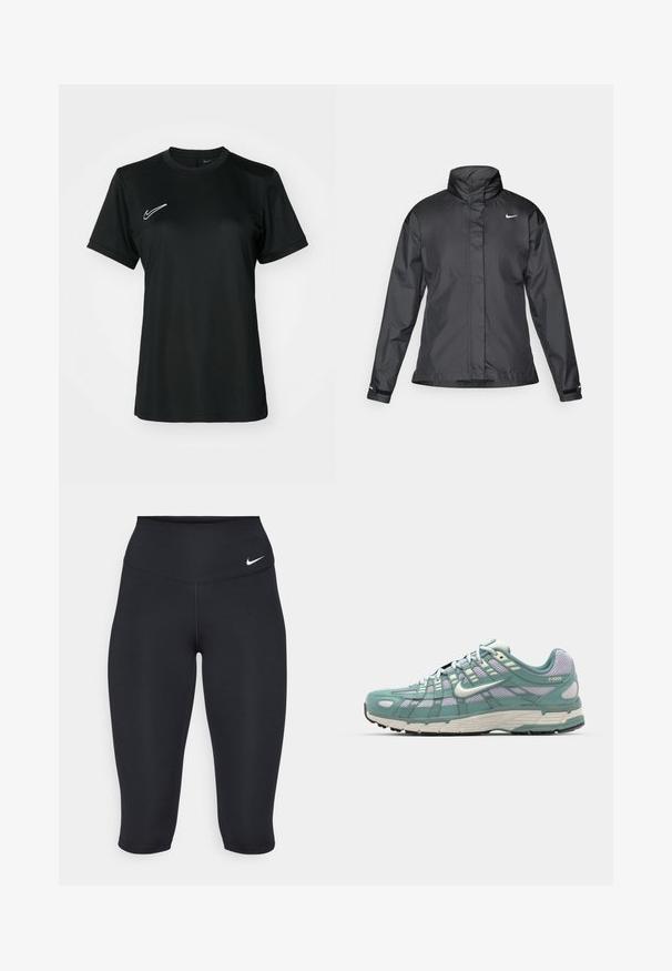 Črna vetrovka z višjim ovratnikom, popolnim zadrgo spredaj in logotipom Nike na prsih; izdelana iz gladkega, lahkega materiala.; Črna športna majica s kratkimi rokavi in okroglim ovratnikom. Ima belo Nike logotip na zgornji levi strani. Gladek, lahek material.; Nike črne capri legice imajo visok pas, gladko elastično tkanino in subtilen logotip na sprednji strani.; Tenis z mrežastim in usnjenim zgornjim delom v svetlo zeleni in modri barvi, s podložnim podplatom, gumijastim podplatom in belimi detajli. Model P-6000.