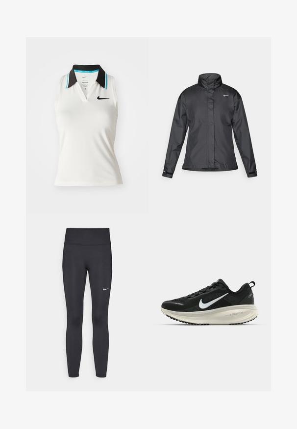 Zwarte windjack met een hoge kraag, volledige rits aan de voorkant en het Nike-logo op de borst; gemaakt van gladde, lichte stof.; Witte mouwloze polo met een zwart kraag en turkoois accenten. Het heeft een v-hals en een klein zwart Nike-logo op de borst.; Zwarte legging van rekbare stof met een hoge tailleband en een wit Nike-logo op de linkerdij. Gladde textuur, aansluitend ontwerp.; Zwarte Nike hardloopschoen met ademend mesh bovenwerk, witte swoosh-logo, gestructureerde details en een crèmekleurige ZoomX middenzool.