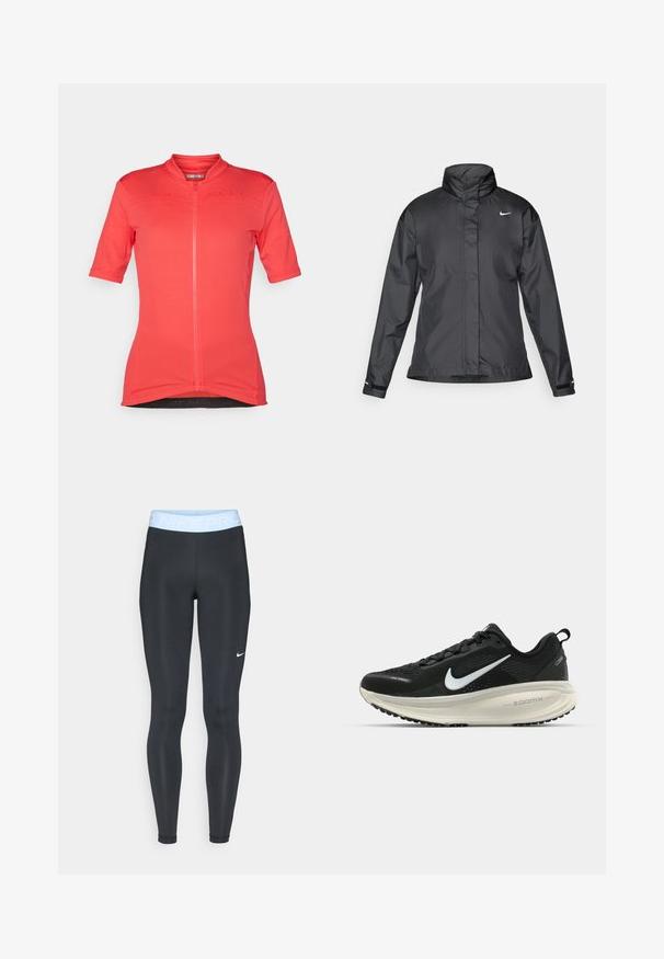 Μαύρο αδιάβροχο μπουφάν με ψηλό γιακά, πλήρη φερμουάρ μπροστά και λογότυπο Nike στο στήθος; κατασκευασμένο από λείο, ελαφρύ ύφασμα.; Κοντομάνικο ποδηλατικό μπλουζάκι σε έντονο κοραλί χρώμα. Διαθέτει φερμουάρ μπροστά, υφή υφάσματος και διακριτικές λεπτομέρειες με λογότυπο. Καλύπτει σφιχτά στη μέση.; Μαύρες αθλητικές κολάν με ανοιχτό μπλε ζώνη που περιέχει το κείμενο "NIKE PRO"; λεία υφή και εφαρμοστή σχεδίαση. Λευκό λογότυπο Nike στην αριστερή πλευρά.; Μαύρο αθλητικό παπούτσι Nike με αναπνεύσιμο μανίκι από ύφασμα, λευκό λογότυπο swoosh, ανάγλυφη λεπτομέρεια και μεσαία σόλα ZoomX σε κρέμα απόχρωση.