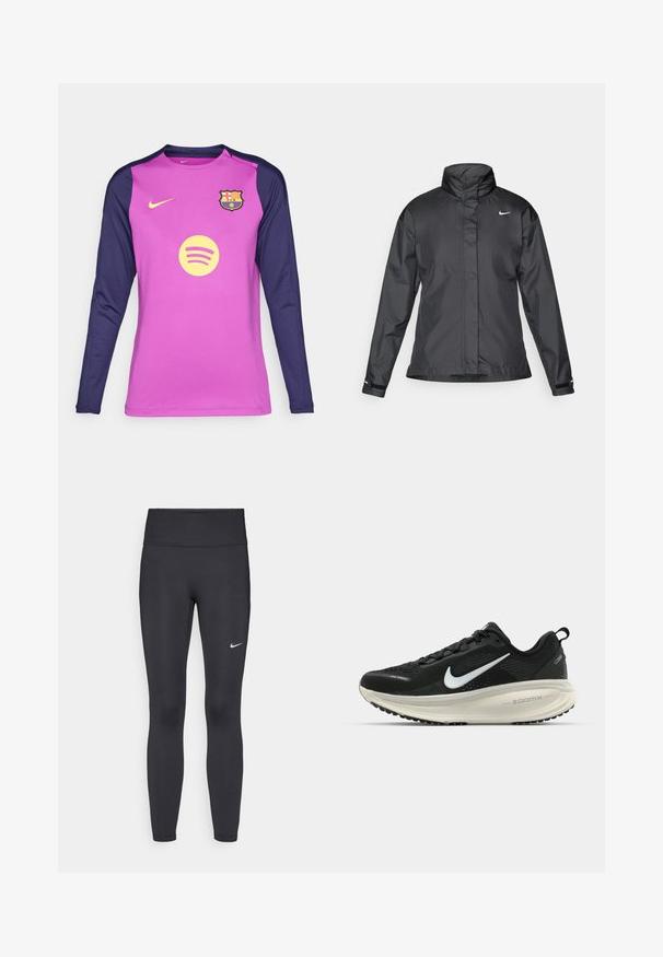 Fekete szélálló dzseki magas gallérral, teljes cipzárral elöl és Nike logóval a mellkason; sima, könnyű anyagból készült.; Hosszú ujjú focimez, rózsaszín testtel és sötétkék ujjakkal, nedvességelvezető anyagból készült. A Barcelona logóját és a Spotify-t jeleníti meg.; Fekete leggings elasztikus anyagból, magas derékkal és fehér Nike logóval a bal combon. Simább textúra, testhez álló kialakítás.; Fekete Nike futócipő légáteresztő hálós felsőrésszel, fehér Swoosh logóval, textúrázott részletekkel és krém színű ZoomX középtalppal.