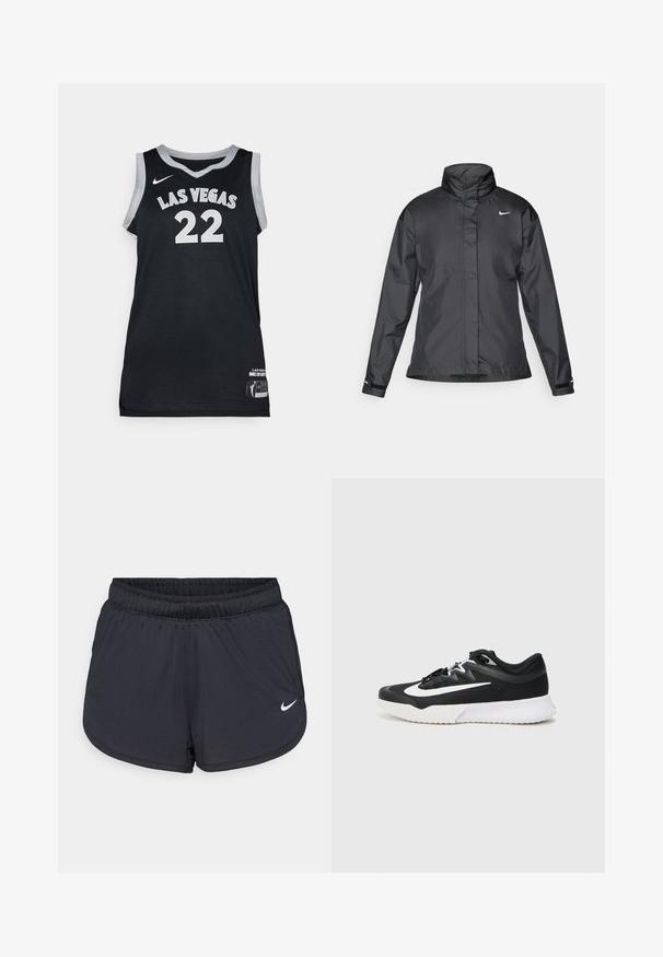 Melnā vēja izturīgā jaka ar augstu apkakli, pilnu rāvējslēdzēju priekšpusē un Nike logo uz krūšu; izgatavota no gludas, vieglas auduma.; Melna basketbola krekls ar uzrakstu "LAS VEGAS" un numuru "22" baltā krāsā. Izgatavots no sietveida auduma, ar pelēku apdari un etiķeti apakšmalā.; Melnas sporta šortses ar elastīgu jostu, sportiska dizaina un baltu Nike logotipu apakšējā priekšpusē. Teksturēts audums.; Melns sporta apavs ar baltām akcentiem, ar teksturētu virsu, apaļu purngalu, plakaniem šņorēm un biezu baltu gumijas zoli.