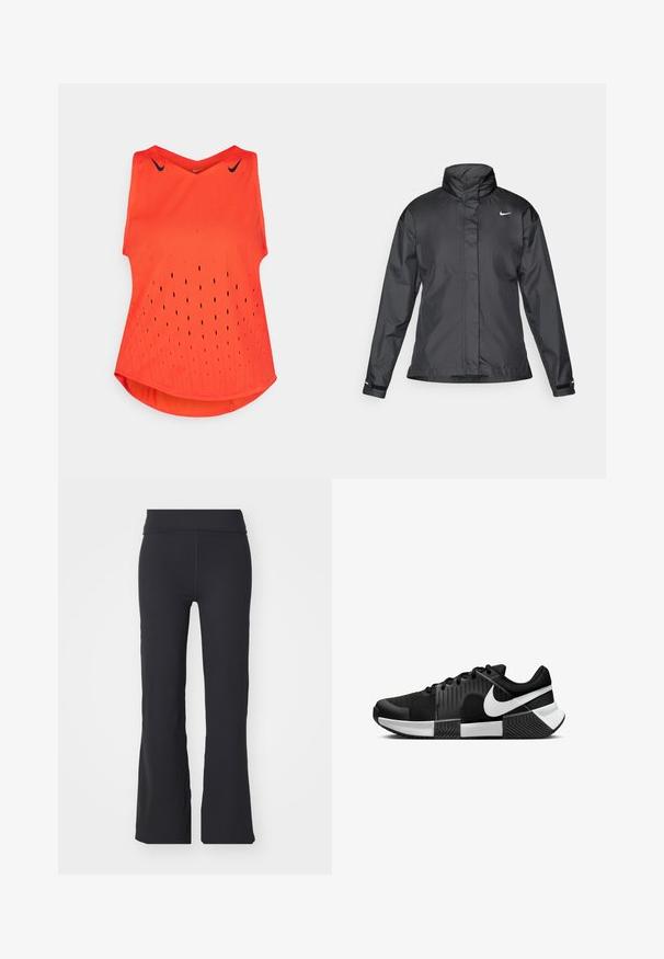 Giacca a vento nera con colletto alto, chiusura full zip e logo Nike sul petto; realizzata in tessuto leggero e liscio.; Maglietta atletica senza maniche arancione con scollatura a V, caratterizzata da piccoli fori di ventilazione e loghi Nike neri sulle spalle.; Pantaloni neri svasati realizzati in tessuto elasticizzato con una vita alta. Presentano linee pulite e una texture liscia, adatti per un look casual.; Scarpe sportive nere con tomaia in mesh, pannelli laterali testurizzati e accenti bianchi. La suola è divisa con un pattern di trazione in gomma.