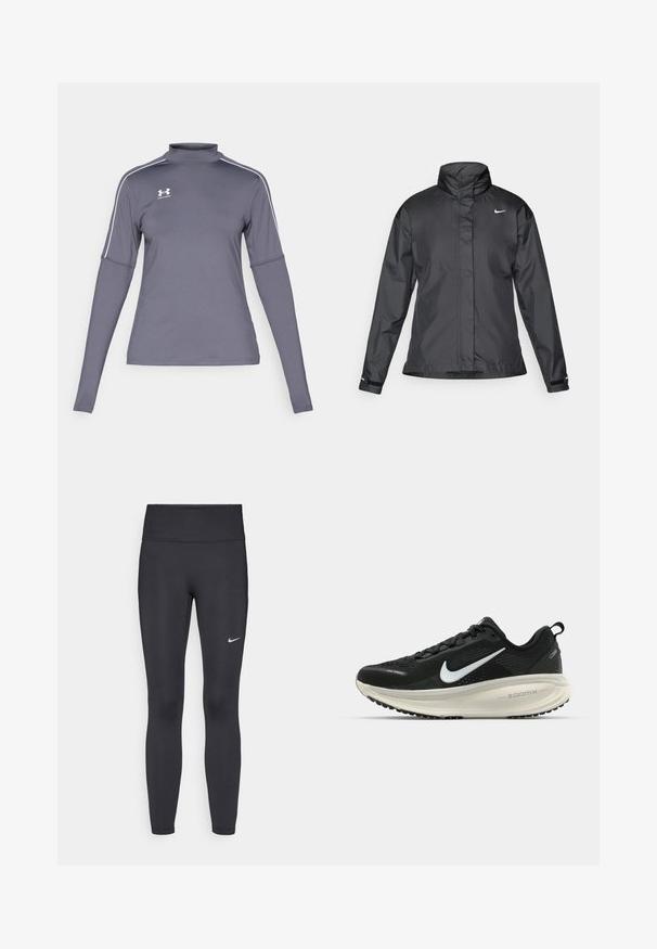 Sort vindjakke med høj krave, fuld lynlås foran og Nike-logo på brystet; lavet af glat, let vævning.; Langærmet grå sportsbluse med høj hals, hvide accenter på skuldrene og et Under Armour-logo på venstre bryst. Materialet er glat.; Sorte leggings lavet af strækbart stof, med en høj talje og et hvidt Nike-logo på venstre lår. Glat tekstur, tætsiddende design.; Sort Nike løbesko med åndbart mesh-overdel, hvidt swoosh-logo, tekstureret detaljering og en cremede ZoomX mellemsål.