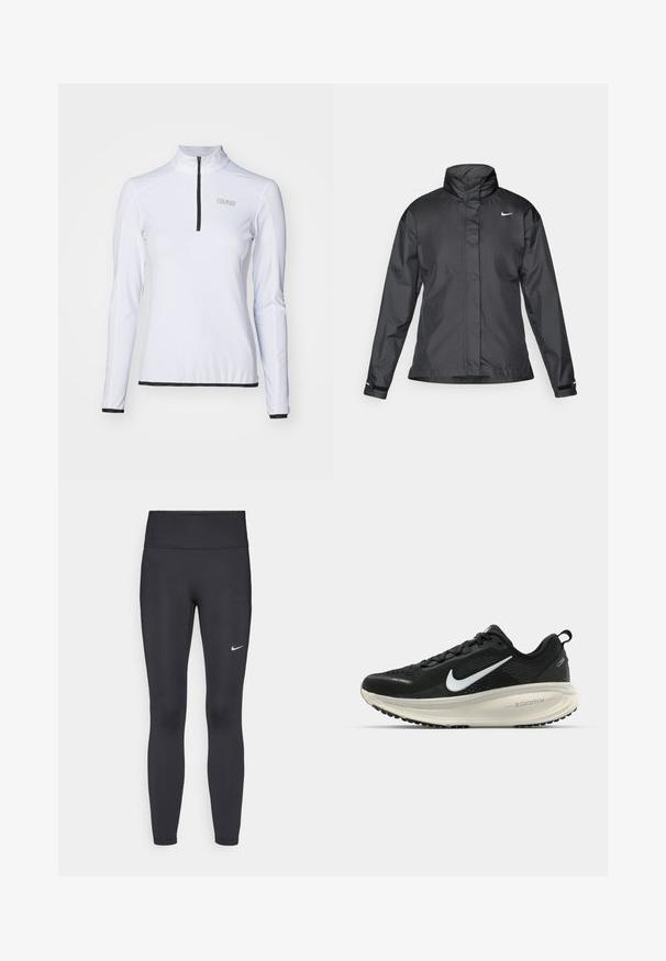 Fekete szélálló dzseki magas gallérral, teljes cipzárral elöl és Nike logóval a mellkason; sima, könnyű anyagból készült.; Colmar LADIES SWEATSHIRT - Hosszú ujjú felső - white; Fekete leggings elasztikus anyagból, magas derékkal és fehér Nike logóval a bal combon. Simább textúra, testhez álló kialakítás.; Fekete Nike futócipő légáteresztő hálós felsőrésszel, fehér Swoosh logóval, textúrázott részletekkel és krém színű ZoomX középtalppal.