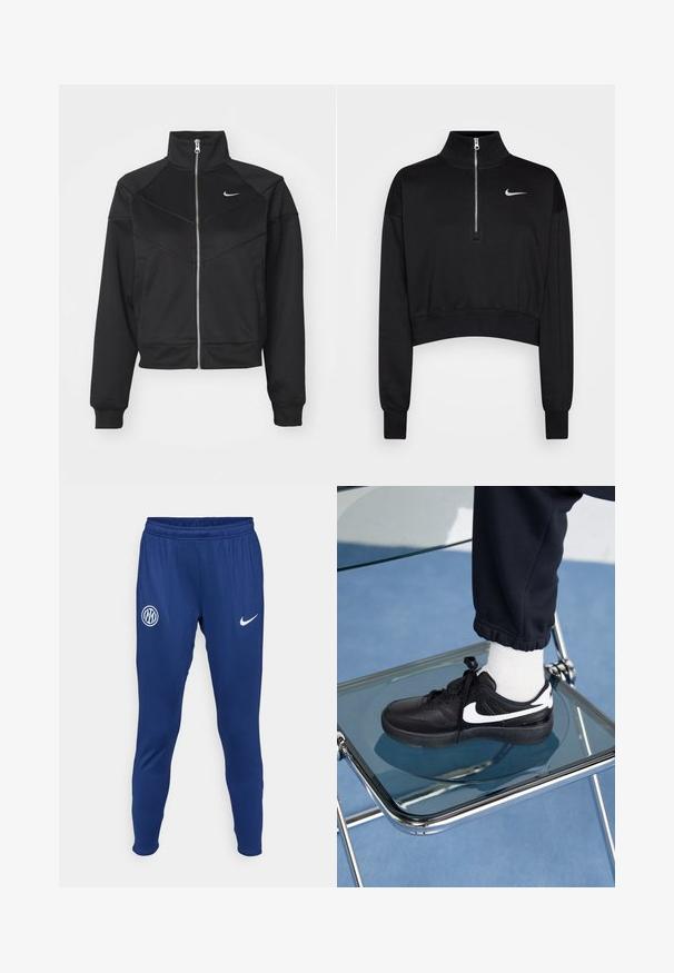 Schwarze Fleecejacke mit hohem Kragen, aus glattem Stoff gefertigt, mit diagonalen Nähten und einem kleinen weißen Nike-Logo auf der Brust.; Schwarzer, kurzer Sweatshirt mit hohem Kragen, halbem Reißverschluss, gerippten Bündchen und kleinem weißen Nike-Logo auf der linken Brust. Weicher Stoff.; Marineblaue Sporthose aus glattem Material. Mit einem weißen Nike-Logo und einem runden Teamemblem am linken Oberschenkel. Elastischer Bund.; Schwarze Nike-Sneaker mit weißen Akzenten, die über eine glatte Ledertextur, ein Schnürdesign und eine abgerundete Zehenform verfügen, platziert auf einem Glasstuhl.