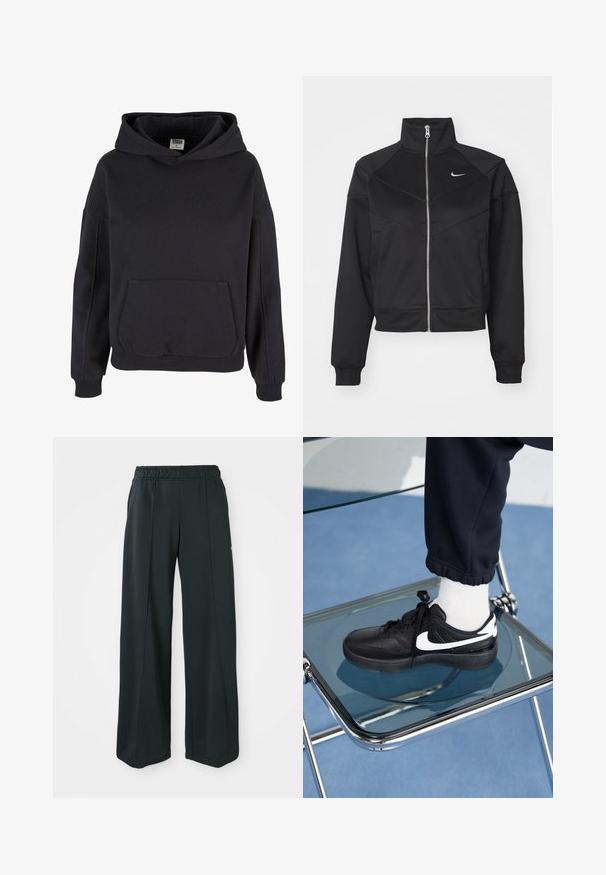 Chaqueta negra con cremallera y cuello alto, hecha de una tela suave, presenta costuras diagonales y un pequeño logo blanco de Nike en el pecho.; Sudadera de algodón negra con un amplio bolsillo tipo canguro, gran capucha, puños y dobladillo acanalados. Diseño sencillo tipo pulóver sin patrones visibles.; Pantalones deportivos negros de pierna ancha con cintura elástica. Hechos de una tela suave y elástica, presentan costuras frontales sutiles y sin bolsillos.; Zapatillas Nike negras con acentos blancos, con una textura de cuero suave, diseño de cordones y punta redondeada, colocadas sobre una silla de cristal.