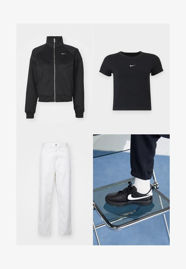 Musta vetoketjullinen takki korkealla kauluksella, joka on valmistettu sileästä kankaasta. Takissa on vinot saumat ja pieni valkoinen Nike-logo rintamuksessa.; Mustat lyhyet hihattomat t-paidat, jotka on valmistettu puuvillasta ja joissa on pyöreä pääntie. Sisältää valkoisen Nike-logon rinnassa, yksinkertainen muotoilu ja kapea leikkaus.; Valkoiset puuvillahousut, joissa on suora malli. Housuissa on edessä napitus, vyölenkit ja sivutaskut. Tämäntyyppisissä housuissa on sileä pinta ilman kuvioita.; Mustat Nike-tennarit valkoisilla yksityiskohdilla, joissa on sileä nahkapinta, nauhakiinnitys ja pyöreä varvas, aseteltuna lasituolille.