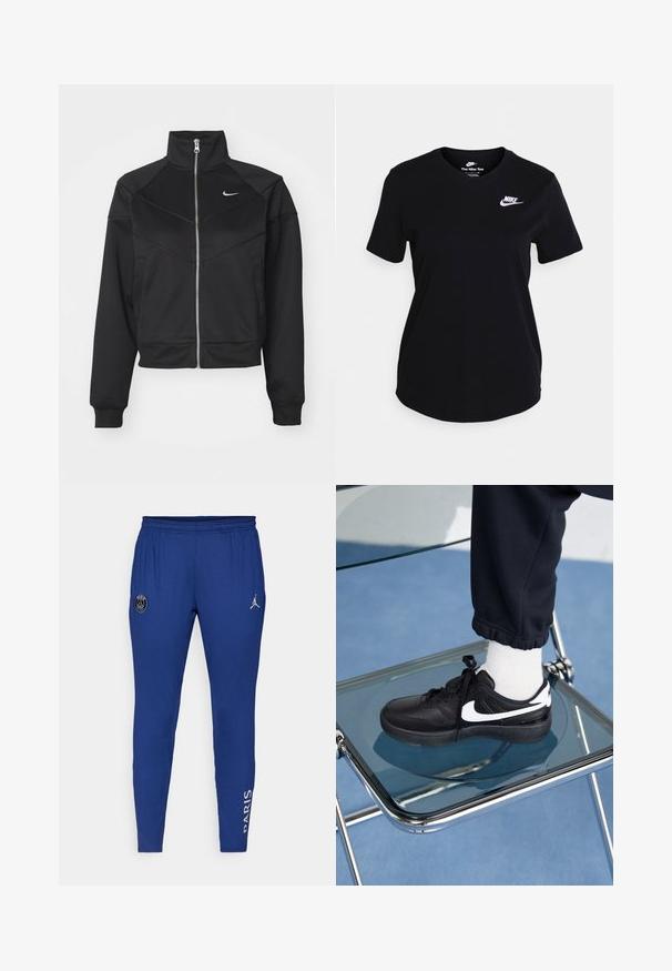 Sort zip-jakke med høj krave, lavet af glat stof, med skrå syninger og et lille hvidt Nike-logo på brystet.; Sort bomulds t-shirt med korte ærmer, der har et hvidt Nike-logo på brystet, rund halsudskæring og en lige kantdesign.; Blå træningsbukser med elastisk talje, der har et cirkulært logo og teksten "PARIS" i hvid på siden. Lavet af letvægtsstof.; Sorte Nike sneakers med hvide detaljer, der har en glat læderoverflade, snørebånd og rund tå, placeret på en glasstol.