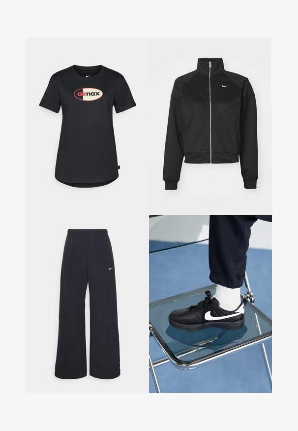 Černá zipová bunda s vysokým límcem, vyrobená z hladkého materiálu, s diagonálními švy a malým bílým logem Nike na hrudi.; Černé bavlněné tričko s kulatým výstřihem, krátkým rukávem a centrálním logem "airmax" v červené a krémové barvě na přední straně.; Černé kalhoty s širokými nohavicemi, elastickým pasem a malým bílým logem Nike. Tkanina má hladkou strukturu, navrženou pro pohodlí a každodenní nošení.; Černé tenisky Nike s bílými akcenty, s hladkou koženou texturou, šněrovacím designem a zaoblenou špičkou, umístěné na skleněné židli.