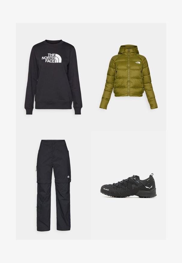 Cazadora corta acolchada verde con cierre frontal, capucha y dos bolsillos laterales. Presenta un logotipo en el pecho y una textura suave y brillante.; Sudadera negra con cuello redondo, mangas largas, puños acanalados y un logo blanco de "The North Face" centrado en el frente. Textura suave.; Pantalones cargo de nailon negro con cremallera desmontable, puños ajustables, múltiples bolsillos y un logotipo en la pierna derecha. Textura suave y ligera.; Zapatos de senderismo negros con una parte superior de tela texturizada, sistema de cordones y suela de goma resistente. Acabados con detalles reflectantes y logotipos.