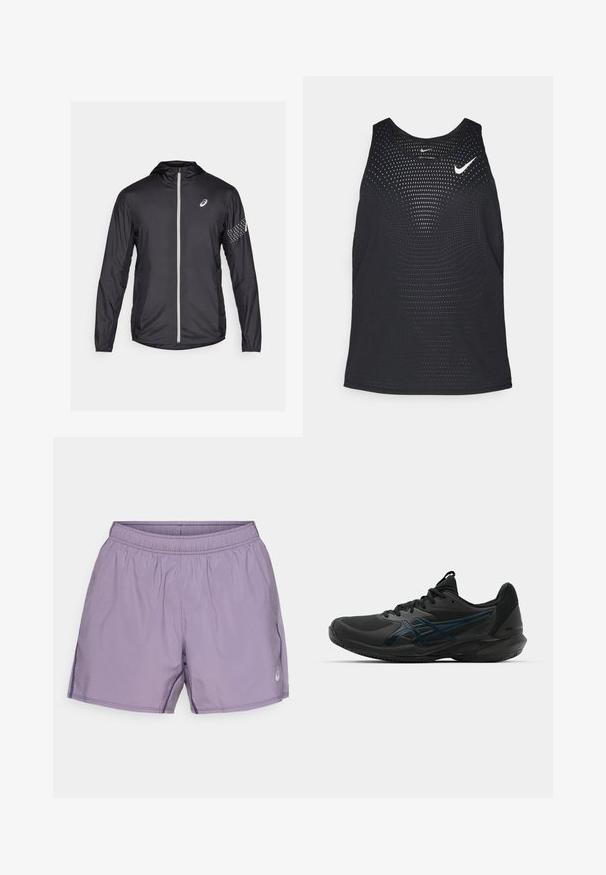 Svart lättviktig jacka i syntetmaterial, med hela dragkedjan, huva och reflexdetaljer på ärmarna.; Svart träningslinne med perforerad textur och rundad halsringning. Har en vit Nike-logga på bröstet.; Lila träningsshorts med elastisk midja, slät yta, sidofickor och en liten logotypdetalj.; ASICS SOLUTION SPEED FF 3 CLAY - Tennisskor för grus - black/prism blue
