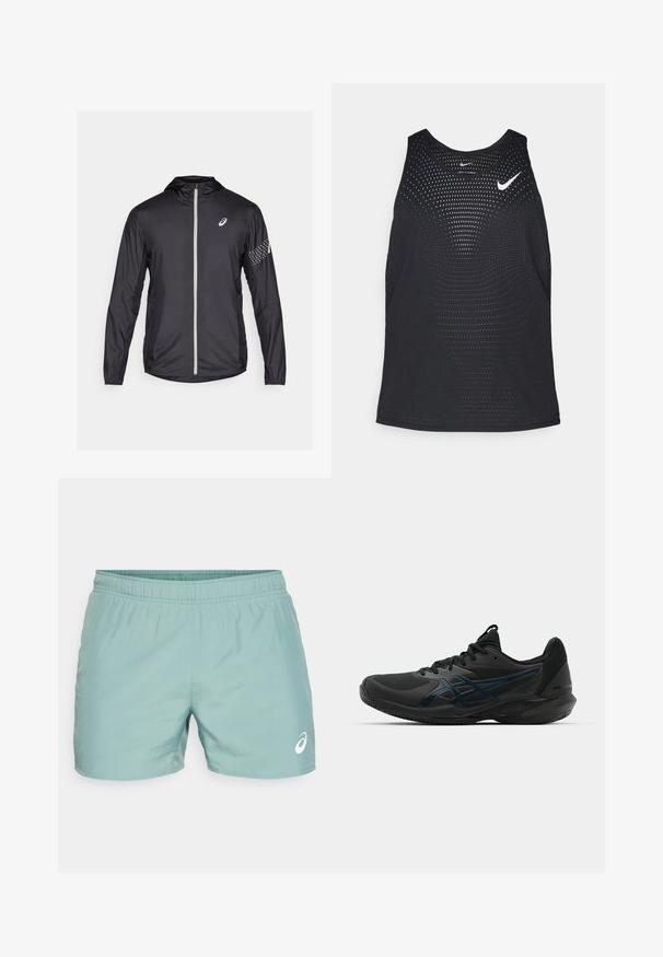 Schwarze leichte Jacke aus synthetischem Material, mit Volleinszip, Kapuze und reflektierenden Akzenten an den Ärmeln.; Schwarzes sportliches Tanktop mit perforierter Textur und rundem Ausschnitt. Mit einem weißen Nike-Logo auf der Brust.; ASICS CORE SHORT - Kurze Sporthose - celadon; ASICS SOLUTION SPEED FF 3 CLAY - Tennisschuh für Sandplätze - black/prism blue