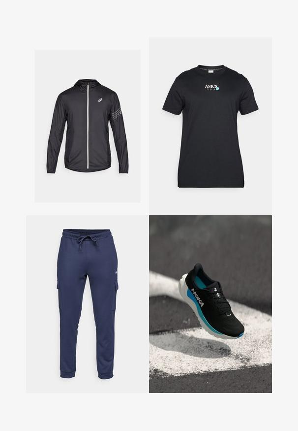 Černá lehká bunda vyrobená z umělého materiálu, s plným zipem, kapucí a reflexními detaily na rukávech.; ASICS GAME SEASONAL GRAPHIC TEE - Sportovní tričko - performance black; Jack & Jones Performance JPSTGORDON JJBASIC ICE CARGO PANTS - Kalhoty - navy blazer; Černo-modrá běžecká bota HOKA ve vzduchu nad temně šedým asfaltovým povrchem s bílými natřenými značkami.