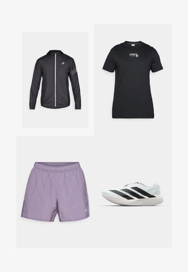 Čierna ľahká bunda z syntetického materiálu, s plným zipsom, kapucňou a reflexnými detailmi na rukávoch.; ASICS GAME SEASONAL GRAPHIC TEE - Športové tričko - performance black; Fialové športové šortky s elastickým pásom, hladkou textúrou, bočnými vreckami a malým logom.; Ľahké bežecké topánky v svetlomodrej farbe s čiernymi pruhmi. Majú hladký zvršok, okrúle špičky a hrubú bielu medzipodrážku označenú "LIGHTSTRIKE PRO."