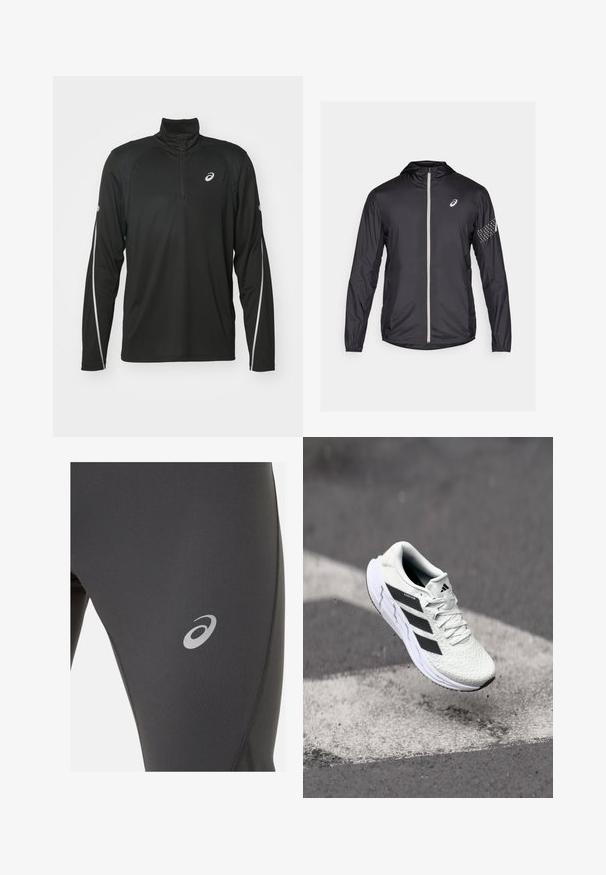Black lightweight jacket made of synthetic material, featuring a full zip, hood, and reflective accents on the sleeves.; Black long-sleeve athletic top with a half-zip collar, featuring reflective white accents on the sleeves and a logo on the chest.; ASICS ROAD WINTER - Running tights - graphite grey; White athletic shoe with textured mesh upper, black stripes, lace closure, and a cushioned sole, levitating above a marked road surface.