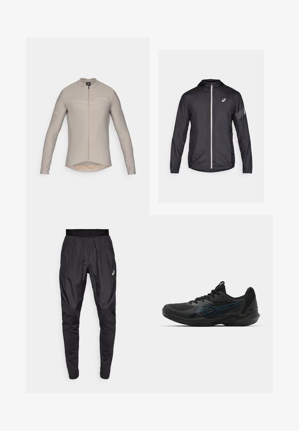 Chaqueta ligera negra de material sintético, con cierre de cremallera completa, capucha y detalles reflectantes en las mangas.; Jersey de ciclismo de manga larga en color beige claro, con un alto cuello, cremallera frontal y detalles sutiles del logotipo. Presenta una parte trasera alargada y una textura de tela suave.; Pantalones deportivos negros con una cinturilla elástica, bolsillos laterales y paneles de textura contrastante en las piernas. Logo de Asics en la cadera.; ASICS SOLUTION SPEED FF 3 CLAY - Zapatillas de tenis para tierra batida - black/prism blue