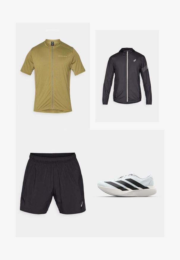 Schwarze leichte Jacke aus synthetischem Material, mit Volleinszip, Kapuze und reflektierenden Akzenten an den Ärmeln.; Radtrikot mit kurzen Ärmeln in Olivgrün, mit durchgehendem Reißverschluss. Hat einen Stehkragen und ein dezentes Logo auf der oberen linken Seite.; Schwarze sportliche Shorts aus leichtem Material, mit einem elastischen Bund und einem kleinen Logo auf der unteren linken Seite.; Leichte Laufschuhe in hellblau mit schwarzen Streifen. Sie verfügen über ein glattes Obermaterial, eine runde Zehenpartie und eine dicke weiße Zwischensohle, die mit "LIGHTSTRIKE PRO" beschriftet ist.
