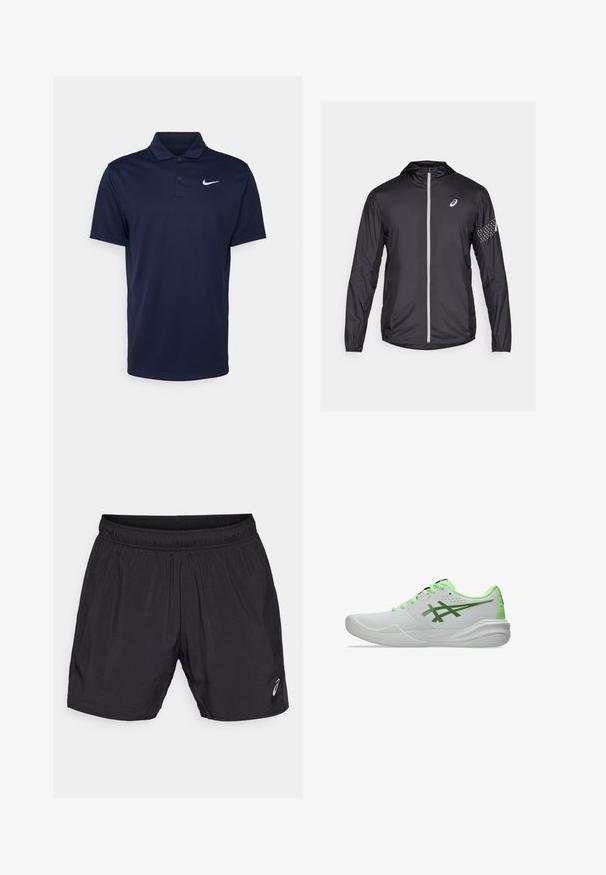 Zwarte lichte jas van synthetisch materiaal, voorzien van een volledige rits, capuchon en reflecterende accenten op de mouwen.; Navyblauwe polo gemaakt van gladde stof, met een drieknoopsluiting, korte mouwen en een klein wit Nike-logo op de borst.; Zwarte sportshorts gemaakt van lichtgewicht materiaal, met een elastische tailleband en een klein logo aan de onderkant van de linkerkant.; Witte sport schoenen met groene accenten, een gladde afwerking, een ronde neus en een gevoerde zool met een subtiele textuur en ventilatiegaten.