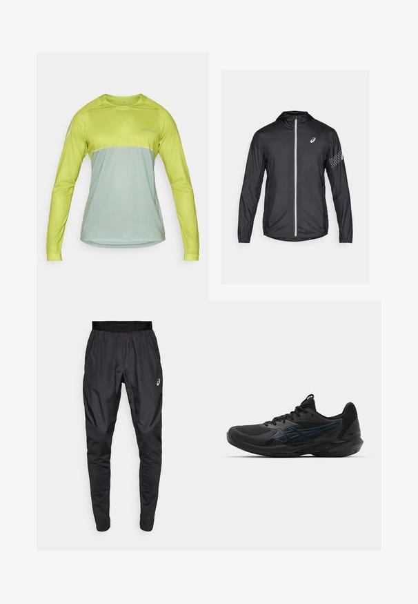 Sort letvægtsjakke lavet af syntetisk materiale, med fuld lynlås, hætte og reflekterende detaljer på ærmerne.; Langærmet performance skjorte i lys limegrøn og dæmpet mintgrøn, med rund halsudskæring og et let, åndbart stof.; Sorte træningsbukser med en strækbar talje, sidelommer og kontrasterende teksturpaneler på benene. Asics-logo på hoften.; ASICS SOLUTION SPEED FF 3 CLAY - Tennissko til grusbane - black/prism blue