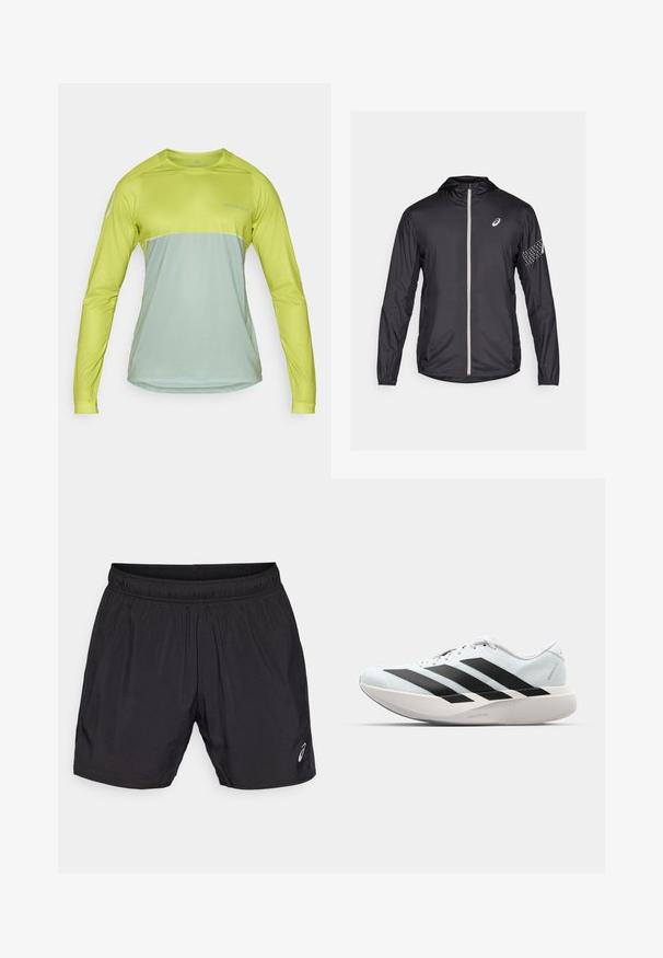 Černá lehká bunda vyrobená z umělého materiálu, s plným zipem, kapucí a reflexními detaily na rukávech.; Dlouhý rukáv výkonnostní košile v jasné limetkové a tlumené mátové barvě, s kulatým výstřihem a lehkým, prodyšným materiálem.; Černé sportovní šortky vyrobené z lehkého materiálu, s elastickým pasem a malým logem v dolním levém rohu.; Lehké běžecké boty v světle modré barvě s černými pruhy. Mají hladký svršek, kulatou špičku a silnou bílou mezipodešev označenou "LIGHTSTRIKE PRO."