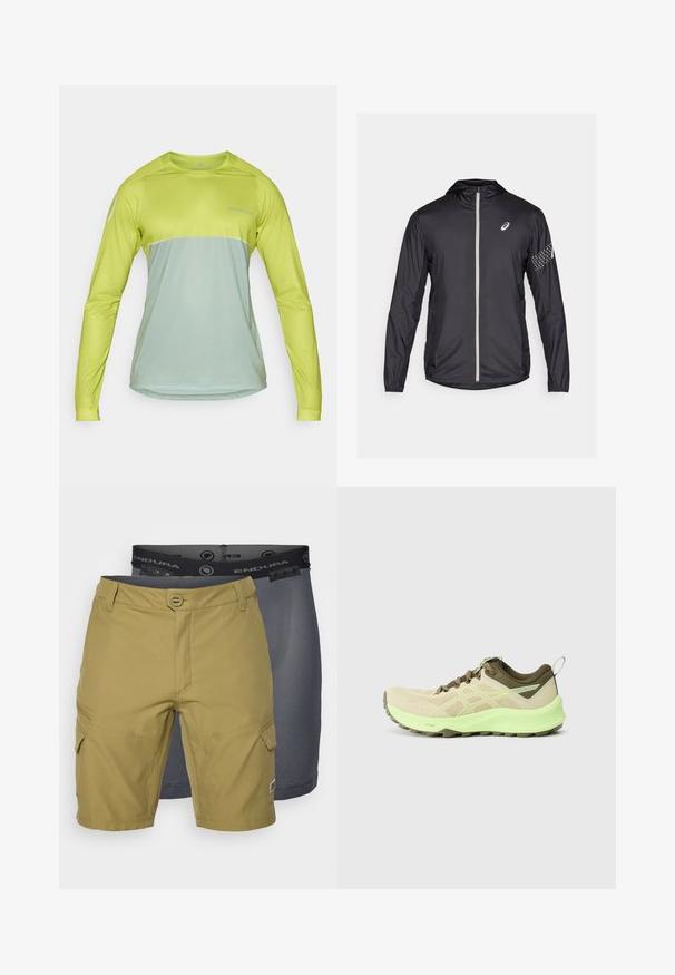 Zwarte lichte jas van synthetisch materiaal, voorzien van een volledige rits, capuchon en reflecterende accenten op de mouwen.; Langarm performance shirt in felgroen en gedempt mintgroen, met een ronde halslijn en een lichtgewicht, ademend materiaal.; Twee paar shorts: een olijfgroene met zakken en een gestructureerde tailleband, en een donkergrijze mesh binnenshorts die zichtbaar is eronder.; Lichte hardloopschoenen in beige en groen. Bovenkant van mesh, bruine veters, reflecterende accenten, gestructureerde zool met grip. Ideaal voor trailrunning.