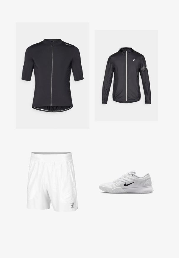 Giacca nera leggera in materiale sintetico, dotata di zip completa, cappuccio e dettagli riflettenti sulle maniche.; Maglia da ciclismo nera a maniche corte con colletto alto, zip frontale e dettagli del cinturino a contrasto che recitano "PEDALA PIÙ VELOCE. PEDALA PIÙ LONTANO."; Pantaloni sportivi bianchi realizzati in tessuto leggero con vita elastica, dotati di due tasche laterali e un piccolo logo nero sull'orlo.; Scarpa da ginnastica bianca con tomaia in mesh testurizzato, logo Nike nero, collo imbottito e suola in gomma con un motivo di battistrada.