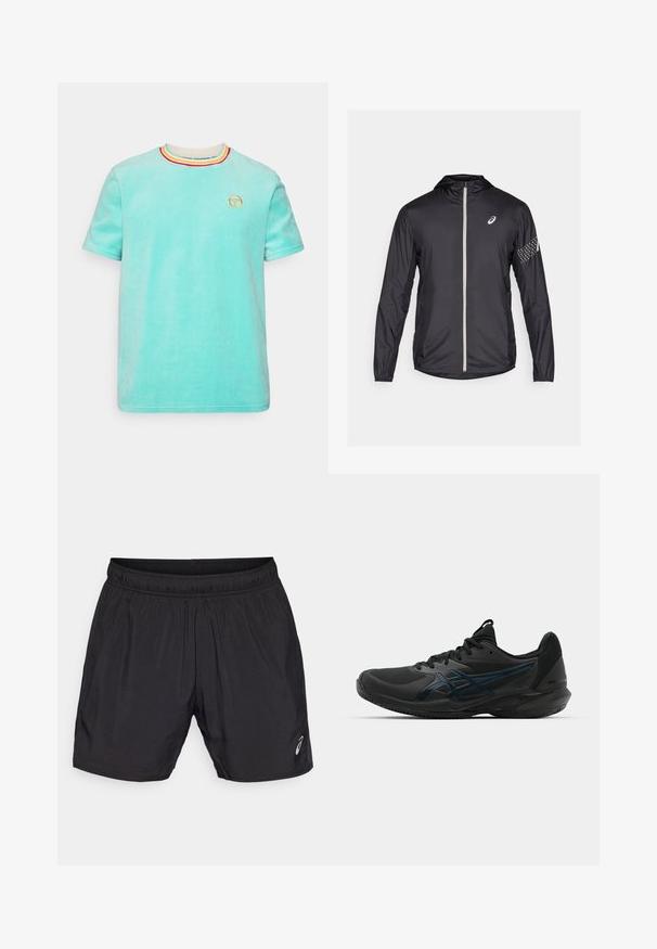 Mustlane kerged lähe, mis on valmistatud sünteetilisest materjalist, täieliku lukuga, kapuutsiga ja peegeldavate detailidega varrukatel.; Türkise lühikeste varrukatega T-särk ümmarguse kaelusega, millel on punased, kollased ja sinised triibud ning väikene brodeeritud logo esiküljel.; Mustad mustad lühikesed püksid, mis on valmistatud kergetest materjalidest, millel on elastne vöökoht ja väike logo vasakul all nurgas.; ASICS SOLUTION SPEED FF 3 CLAY - Savikattega väljaku tennisejalatsid - black/prism blue