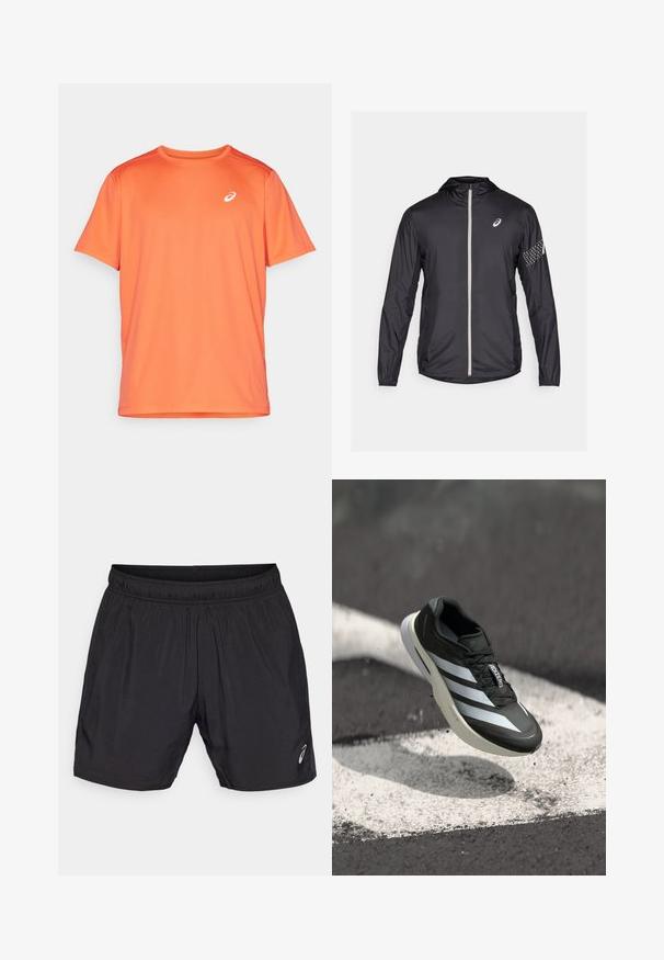 Črna lahka jakna iz sintetičnega materiala, ki ima popoln zadrgo, kapuco in odsevne dodatke na rokavih.; Oranžna atletska majica iz lahkega materiala. Ima kratke rokave, okroglo ovratnik in majhno belo oznako na zgornjem levem prsnem delu.; Črne športne kratke hlače iz lahkega materiala, z elastičnim pasom in majhnim logotipom na spodnji levi strani.; Črne športne čevlje z značilnimi tremi belimi črtami, z navpičnim zgornjim delom, elegantnim dizajnom in ukrivljenim podplatom, postavljeni nad belo črto na asfaltu.