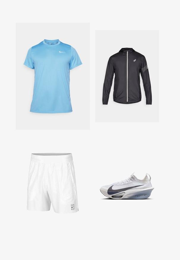 Černá lehká bunda vyrobená z umělého materiálu, s plným zipem, kapucí a reflexními detaily na rukávech.; Světle modré sportovní tričko s krátkým rukávem vyrobené z prodyšné tkaniny. Obsahuje kulatý výstřih a malé bílé logo Nike na hrudi.; Bílé sportovní šortky vyrobené z lehkého materiálu s elastickým pasem, mají dvě boční kapsy a malé černé logo na lemu.; Běžecká obuv Nike v bílé textilii se šedým swooshem, aerodynamický tvar, průhledná mezipodešev a viditelné vzduchové odpružení.