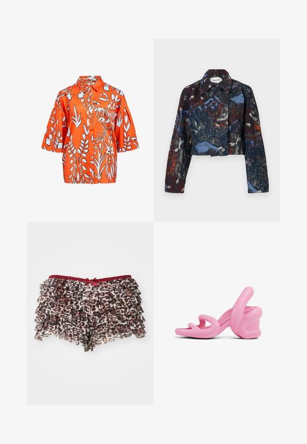 Henrik Vibskov DARTBI JACKET - Chaqueta de entretiempo - gobelin goats; Camisa de manga corta en satén naranja brillante con patrones de plantas y geométricos en blanco, con cuello y cierre de botones en la parte delantera.; Pantalones cortos de leopardo con estampado floral y volantes en capas, con una cinturilla de encaje rojo y un pequeño lazo decorativo en el frente.; Sandalias de tacón alto esculturales rosas con un diseño ondulado y un tacón grueso, fabricadas en plástico suave con cortes en la zona de los dedos.