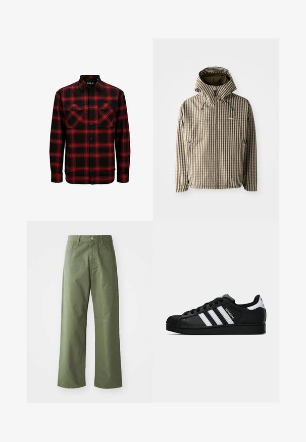 Veste à capuche à carreaux marron et crème avec fermeture éclair intégrale, poches latérales et poignets élastiques, fabriquée en matériau léger et imperméable.; Chemise en flanelle à carreaux rouges et noirs avec deux poches poitrine, devant à boutons et col. Fabriquée en tissu doux et texturé.; Pantalons larges vert olive en coton. Dispose de passants de ceinture, d'une fermeture à bouton sur le devant et de poches latérales. Texture lisse.; Baskets Adidas Superstar noires avec rayures blanches, bout en coque, et texte "Superstar" sur le côté, montrées en profil sur fond blanc.