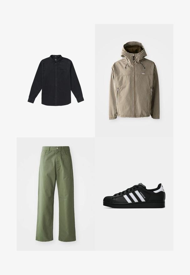 Brun og creme ternet hættejakke med fuld lynlås, sidelommer og elastiske manchetter, fremstillet af letvægts, vandtæt materiale.; Sort langærmet skjorte lavet af blødt stof, med en knap-ned krave, forlommer og knaplukninger foran.; Olivenfarvede bukser med vide ben, lavet af bomuld. Har bæltesløjfer, en frontknaplukning og sidelommer. Glat tekstur.; Sort Adidas Superstar sneaker med hvide striber, skaletå og "Superstar"-tekst på siden, vist i sideprofil på hvid baggrund.