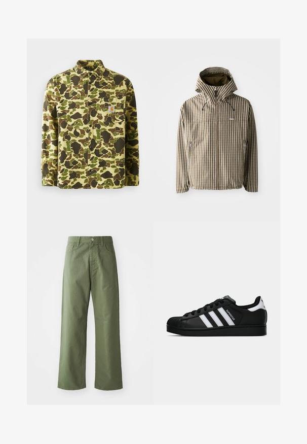 Braune und cremefarbene kariert Kapuzenjacke mit durchgehendem Reißverschluss, seitlichen Taschen und elastischen Bündchen, gefertigt aus leichtem, wasserdichtem Material.; Baumwollhemd mit Knopfleiste, das ein Camouflage-Muster in grünen, braunen und gelben Farbtönen zeigt. Mit Brusttasche und Markenetikett.; Olivegrüne weit geschnittene Hose aus Baumwolle. Mit Gürtelschlaufen, einem Frontknopfverschluss und seitlichen Taschen. Glatte Textur.; Schwarzer Adidas Superstar Sneaker mit weißen Streifen, Schalenzehen und "Superstar"-Schriftzug an der Seite, im Seitenprofil auf weißem Hintergrund dargestellt.